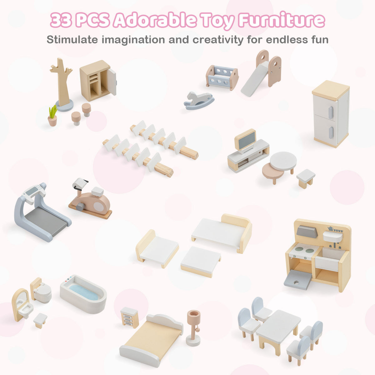 Wooden Dollhouse Kids DIY Pretend Playhouse with 33 PCS Furniture Accessories-Pink view 8