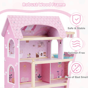Wooden Dollhouse Kids DIY Pretend Playhouse with 33 PCS Furniture Accessories-Pink view 9