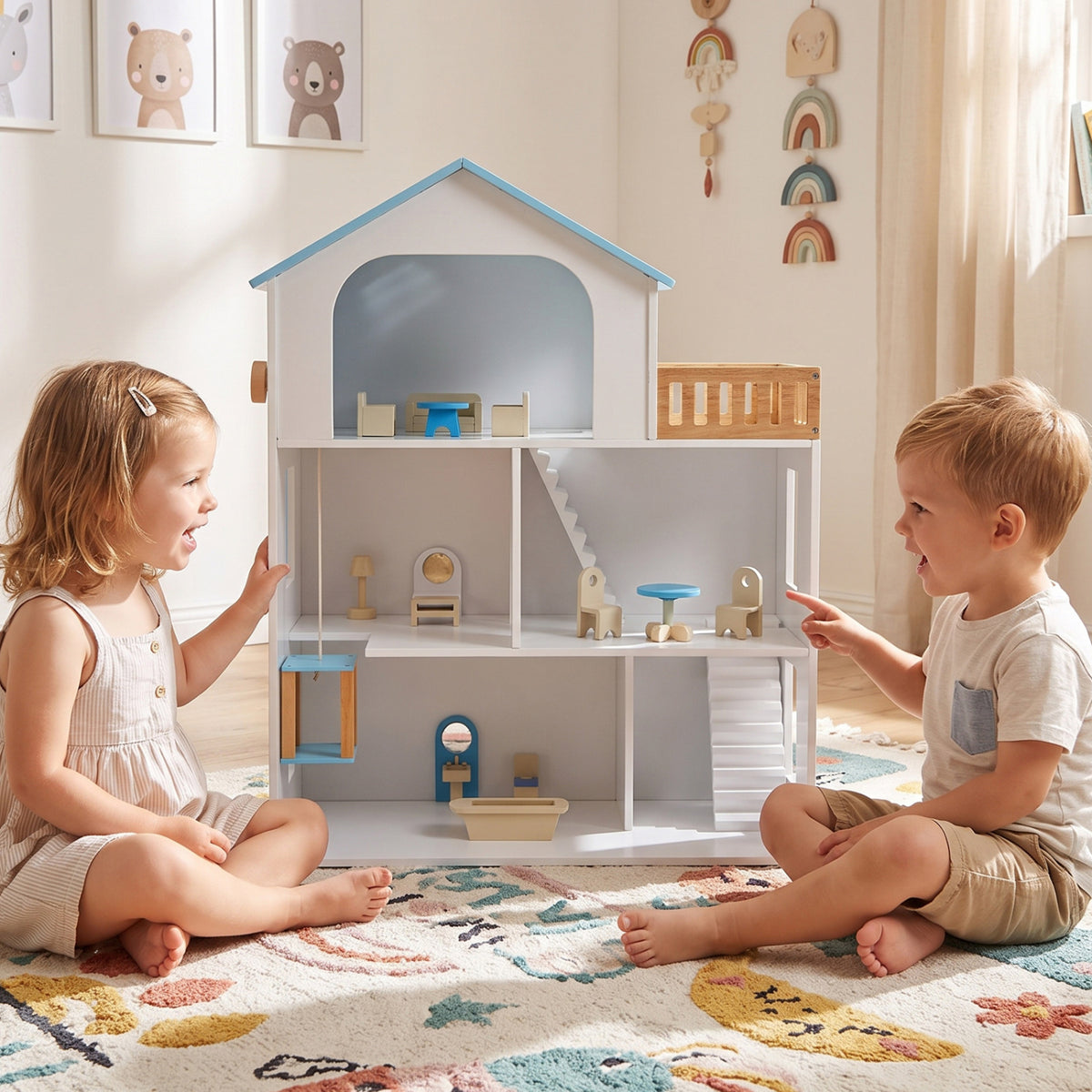 Wooden Dollhouse with 5 Rooms and Furniture Accessories for Kids-Blue view 3