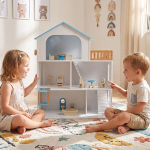 Wooden Dollhouse with 5 Rooms and Furniture Accessories for Kids-Blue view 3