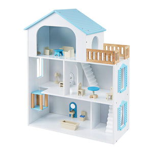 Wooden Dollhouse with 5 Rooms and Furniture Accessories for Kids-Blue view 4