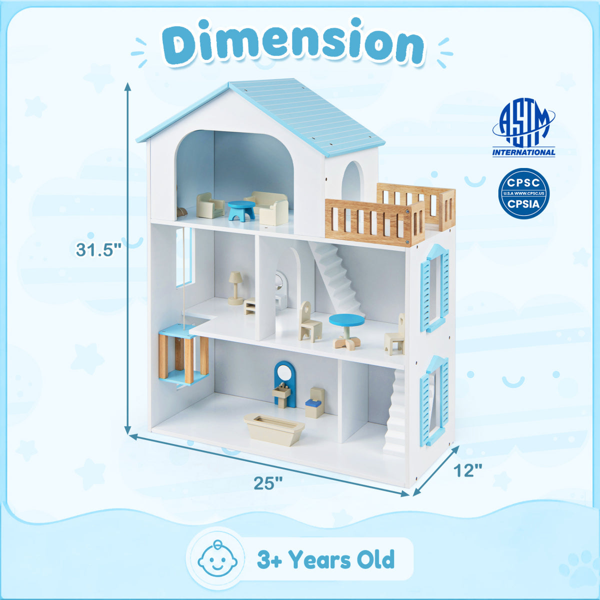 Wooden Dollhouse with 5 Rooms and Furniture Accessories for Kids-Blue view 5