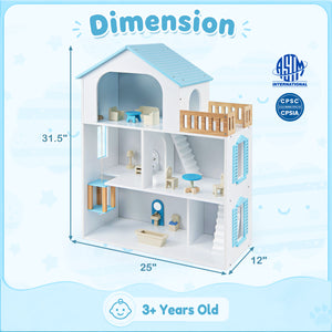 Wooden Dollhouse with 5 Rooms and Furniture Accessories for Kids-Blue view 5