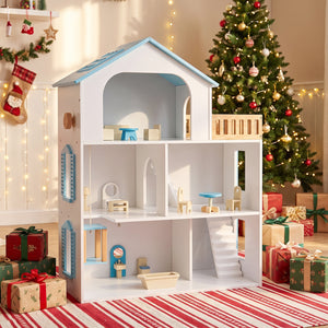 Wooden Dollhouse with 5 Rooms and Furniture Accessories for Kids-Blue view 6
