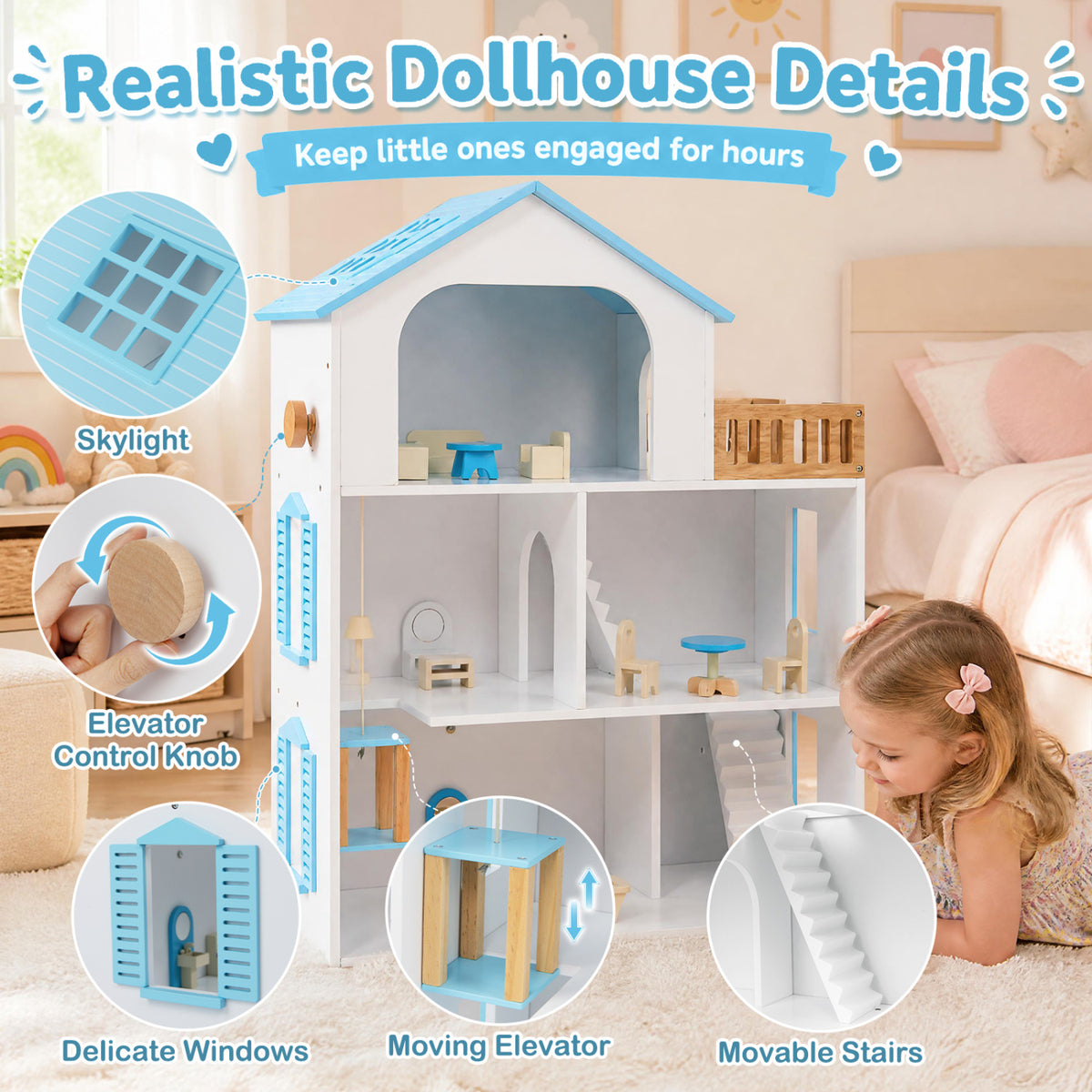 Wooden Dollhouse with 5 Rooms and Furniture Accessories for Kids-Blue view 7