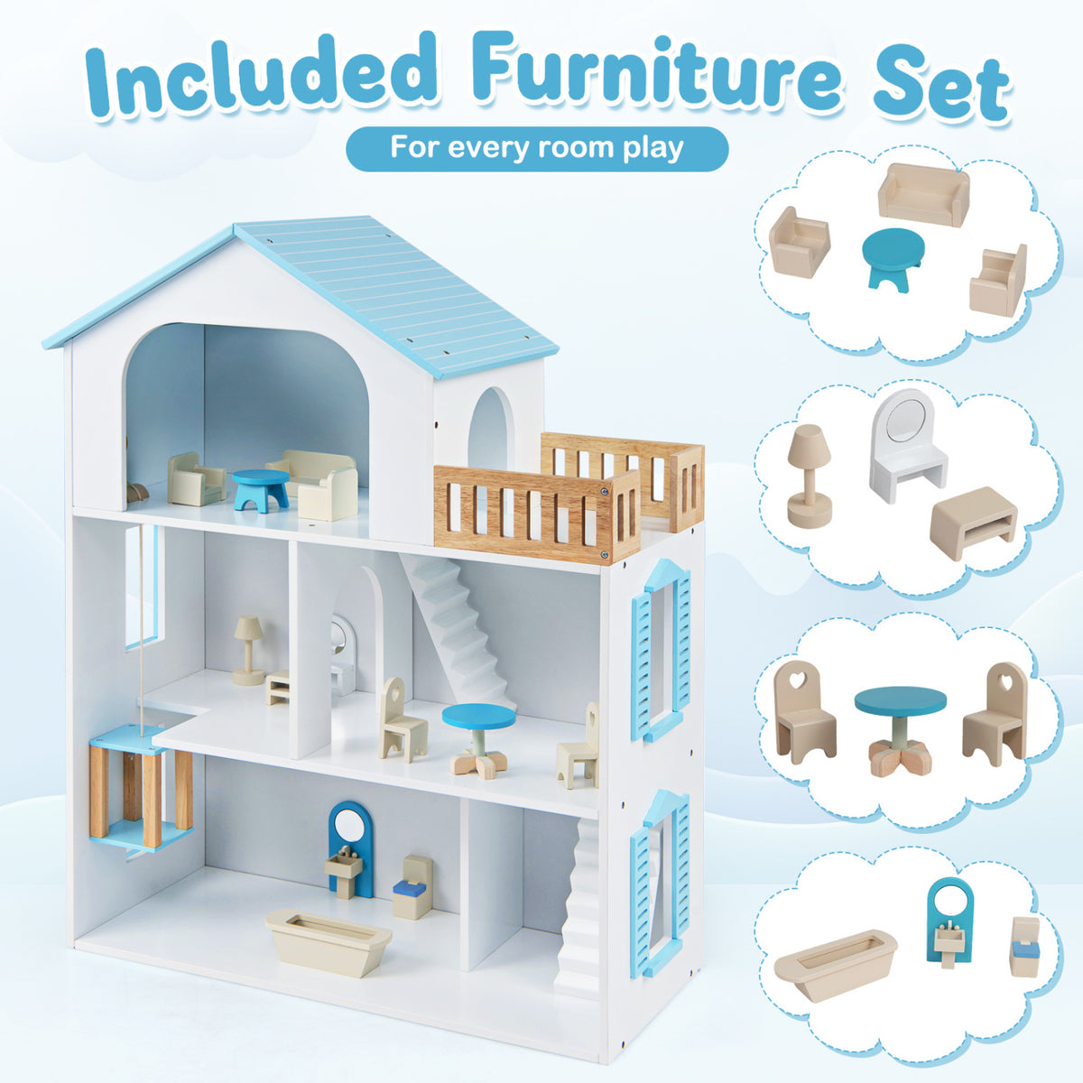 Wooden Dollhouse with 5 Rooms and Furniture Accessories for Kids-Blue view 8