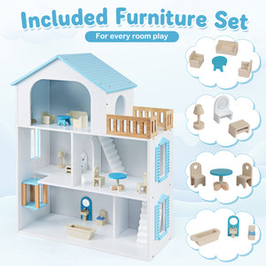 Wooden Dollhouse with 5 Rooms and Furniture Accessories for Kids-Blue view 8