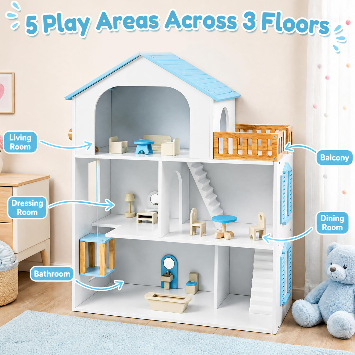Wooden Dollhouse with 5 Rooms and Furniture Accessories for Kids-Blue view 9
