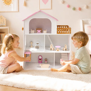 Wooden Dollhouse with 5 Rooms and Furniture Accessories for Kids-Pink view 3