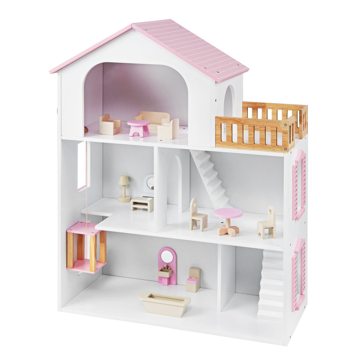 Wooden Dollhouse with 5 Rooms and Furniture Accessories for Kids-Pink view 4