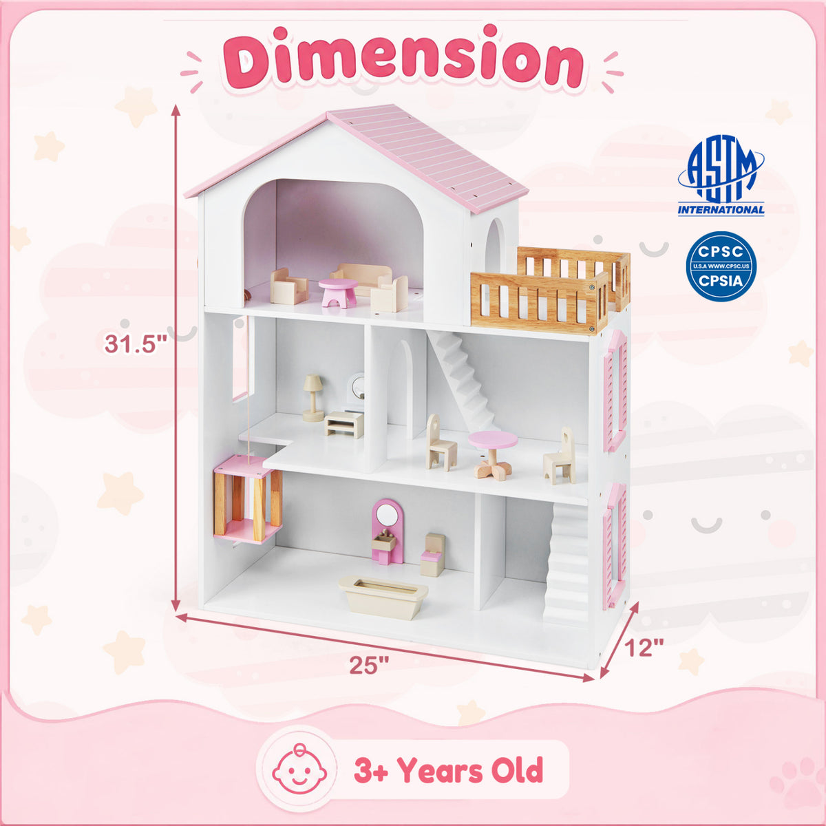 Wooden Dollhouse with 5 Rooms and Furniture Accessories for Kids-Pink view 5