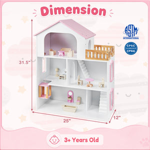 Wooden Dollhouse with 5 Rooms and Furniture Accessories for Kids-Pink view 5