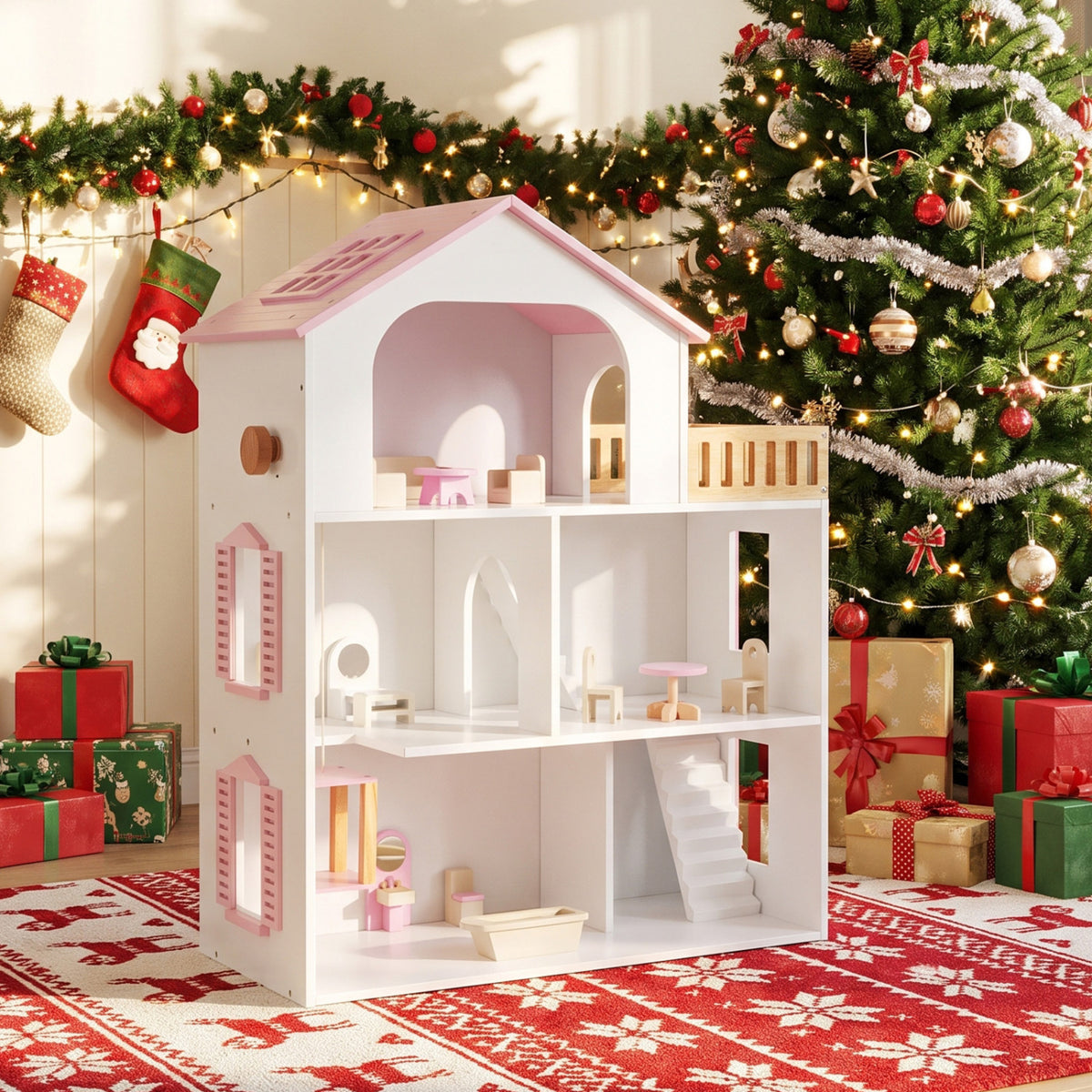 Wooden Dollhouse with 5 Rooms and Furniture Accessories for Kids-Pink view 6
