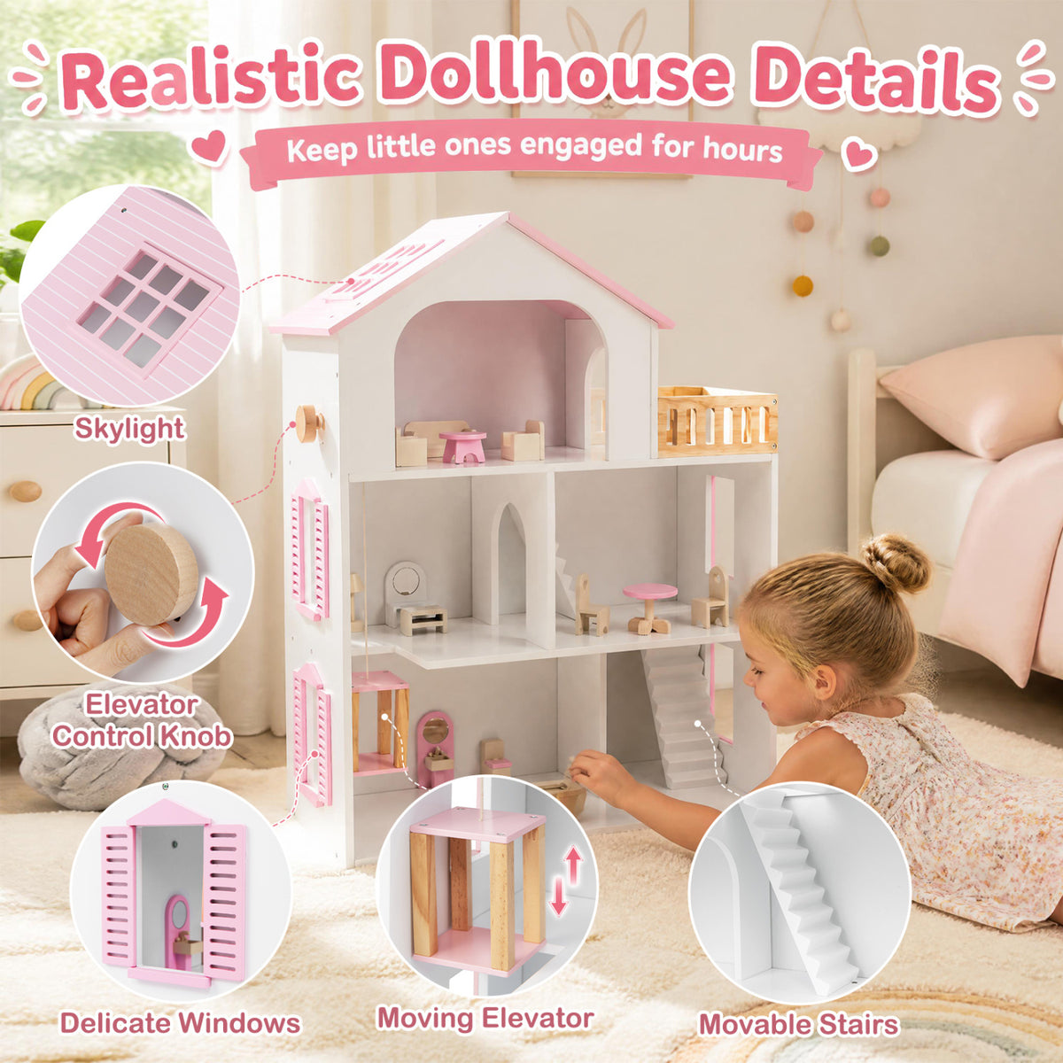Wooden Dollhouse with 5 Rooms and Furniture Accessories for Kids-Pink view 7
