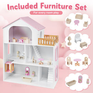 Wooden Dollhouse with 5 Rooms and Furniture Accessories for Kids-Pink view 8