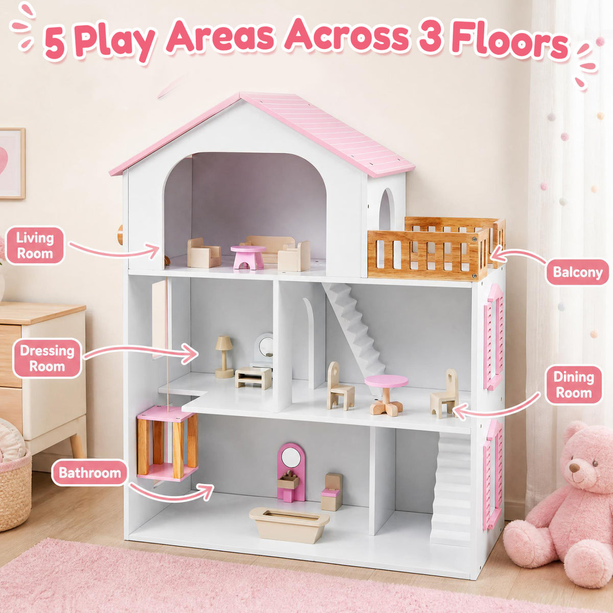 Wooden Dollhouse with 5 Rooms and Furniture Accessories for Kids-Pink view 9