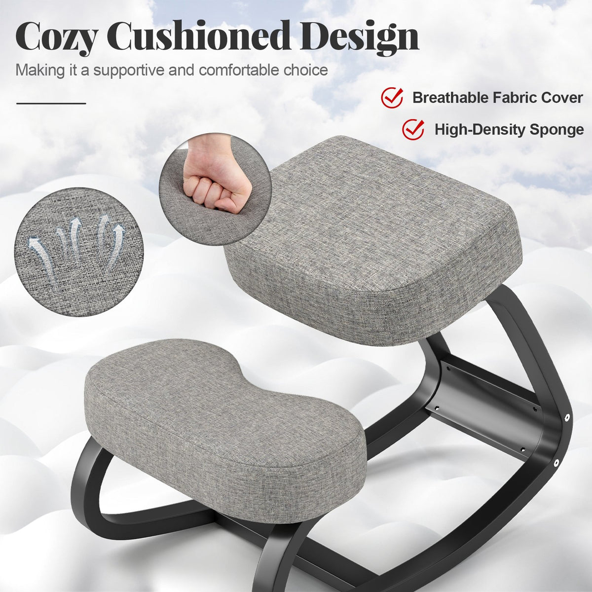 Wooden Ergonomic Rocking Kneeling Chair with Padded Cushion-Grey view 6