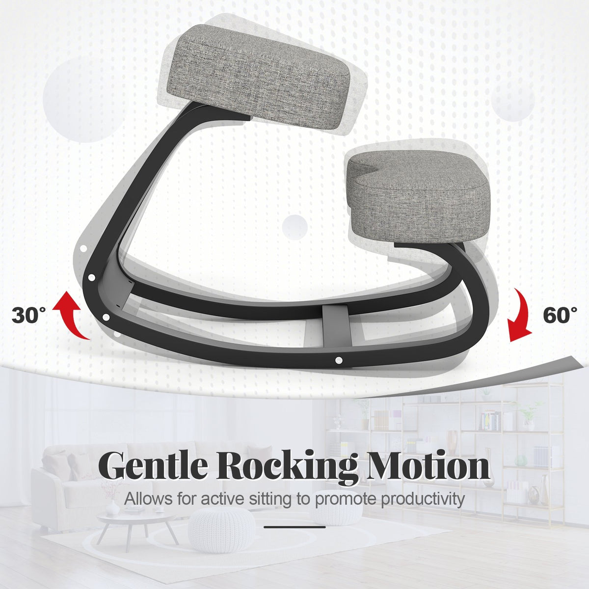 Wooden Ergonomic Rocking Kneeling Chair with Padded Cushion-Grey view 7