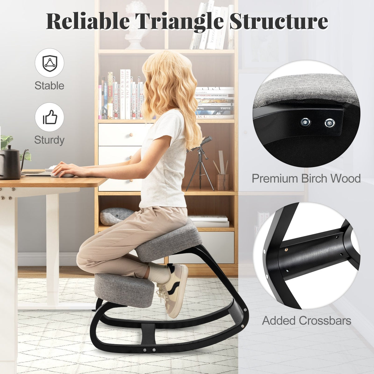 Wooden Ergonomic Rocking Kneeling Chair with Padded Cushion-Grey view 8