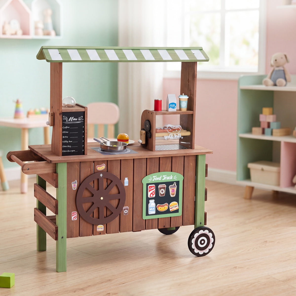Wooden Grocery Store Playset for Kids with Large Wheels view 3