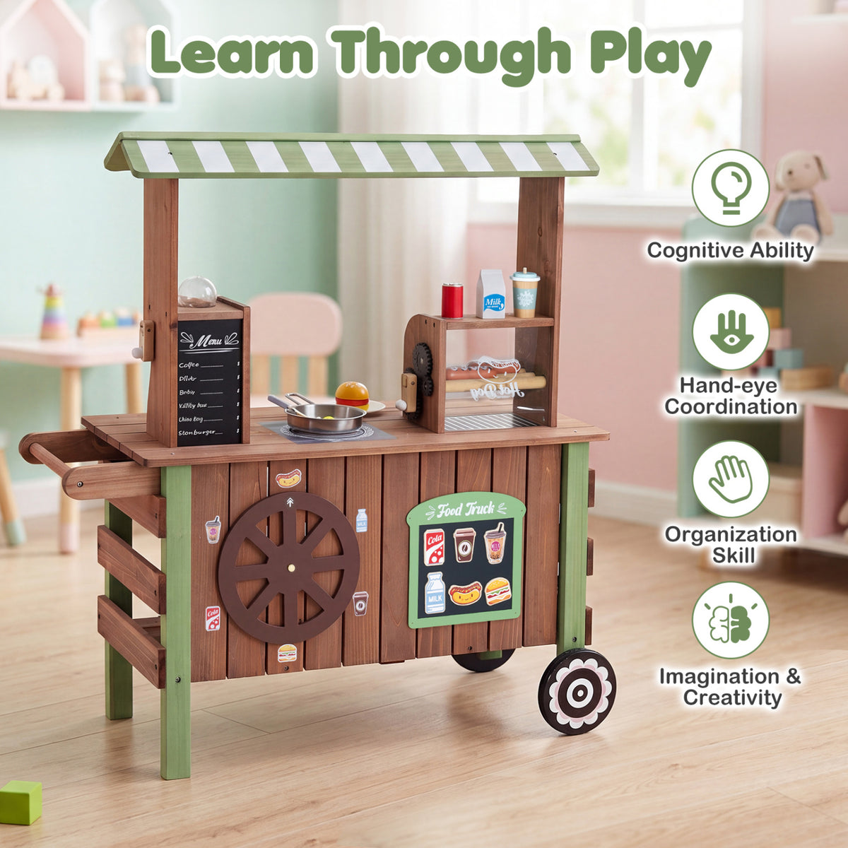 Wooden Grocery Store Playset for Kids with Large Wheels view 8