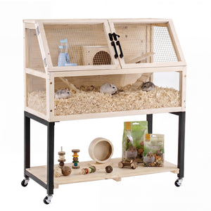 Wooden Hamster Cage 2-Tier Small Animal Habitat with Casters-Natural