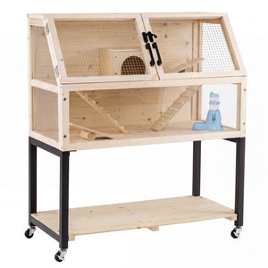 Wooden Hamster Cage 2-Tier Small Animal Habitat with Casters-Natural view 3