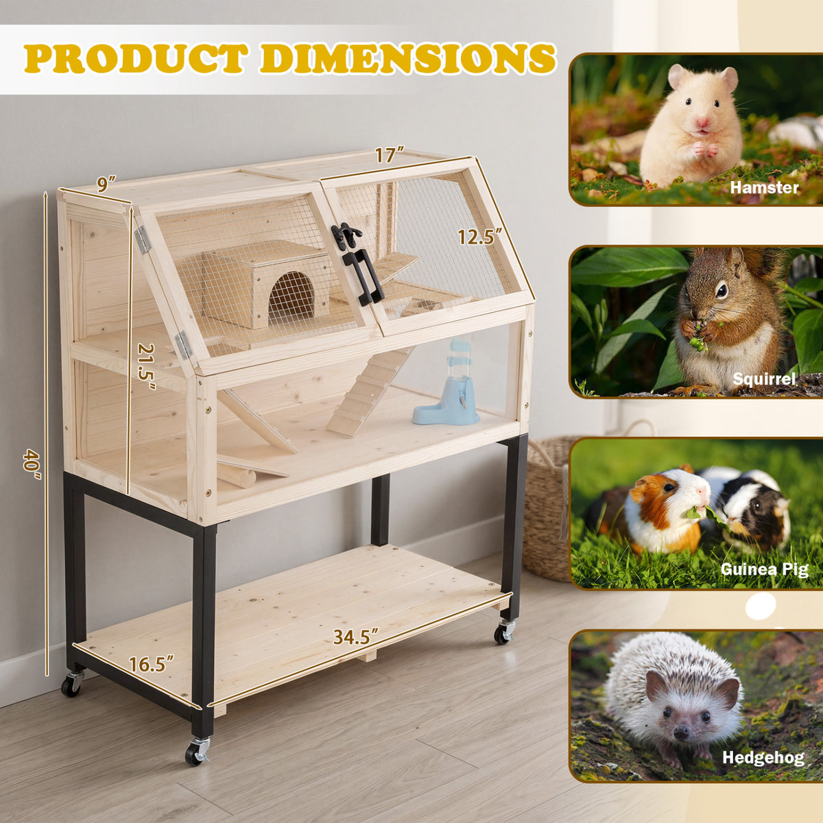 Wooden Hamster Cage 2-Tier Small Animal Habitat with Casters-Natural view 4
