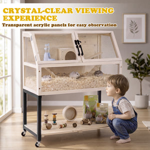 Wooden Hamster Cage 2-Tier Small Animal Habitat with Casters-Natural view 5