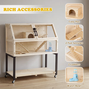 Wooden Hamster Cage 2-Tier Small Animal Habitat with Casters-Natural view 7