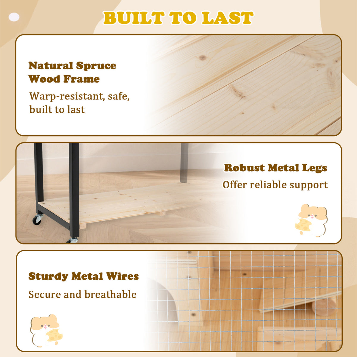 Wooden Hamster Cage 2-Tier Small Animal Habitat with Casters-Natural view 9