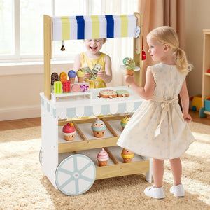 Wooden Ice Cream Cart for Kids 2-in-1 Grocery Store Playset with Display Shelves-White view 2