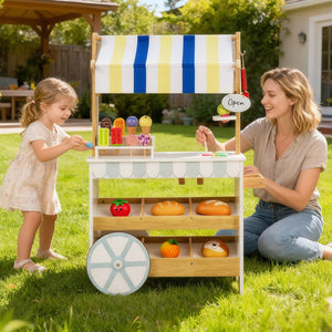 Wooden Ice Cream Cart for Kids 2-in-1 Grocery Store Playset with Display Shelves-White view 3