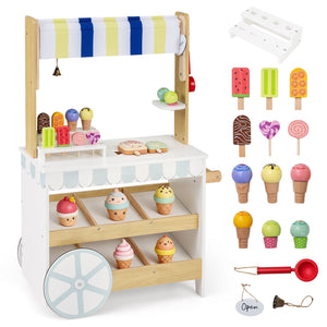 Wooden Ice Cream Cart for Kids 2-in-1 Grocery Store Playset with Display Shelves-White view 4