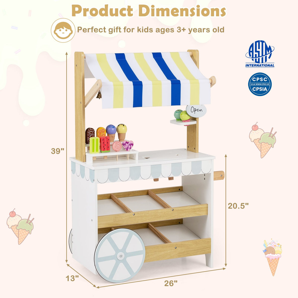 Wooden Ice Cream Cart for Kids 2-in-1 Grocery Store Playset with Display Shelves-White view 5
