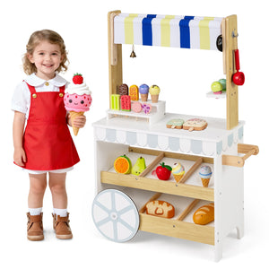 Wooden Ice Cream Cart for Kids 2-in-1 Grocery Store Playset with Display Shelves-White view 6