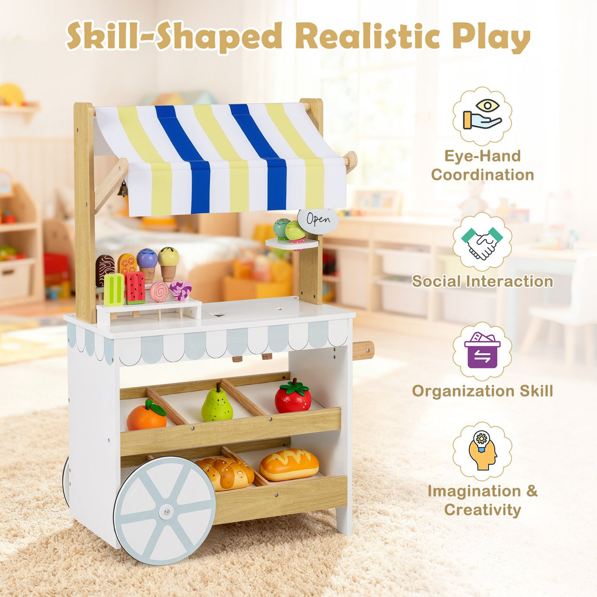 Wooden Ice Cream Cart for Kids 2-in-1 Grocery Store Playset with Display Shelves-White view 7