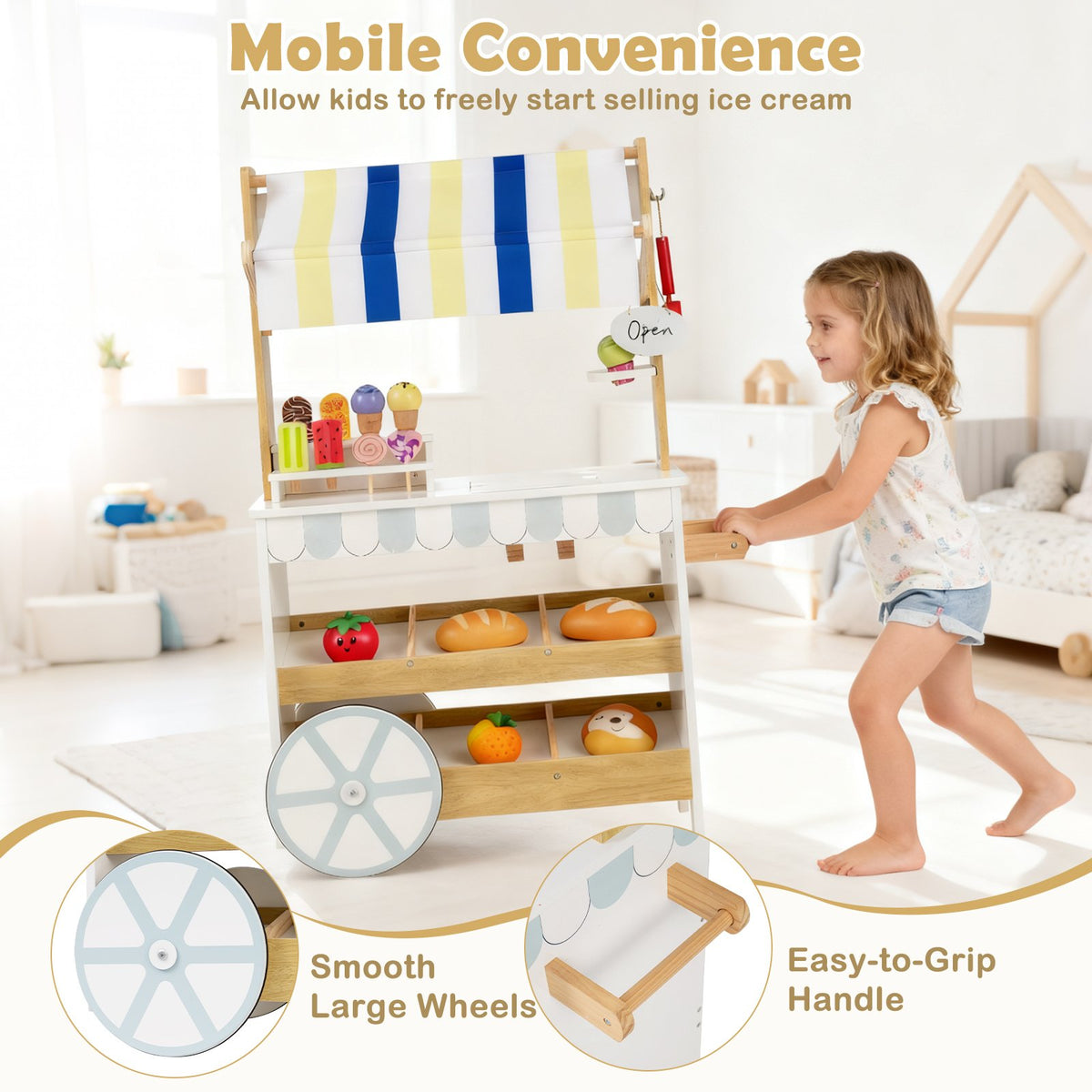 Wooden Ice Cream Cart for Kids 2-in-1 Grocery Store Playset with Display Shelves-White view 8