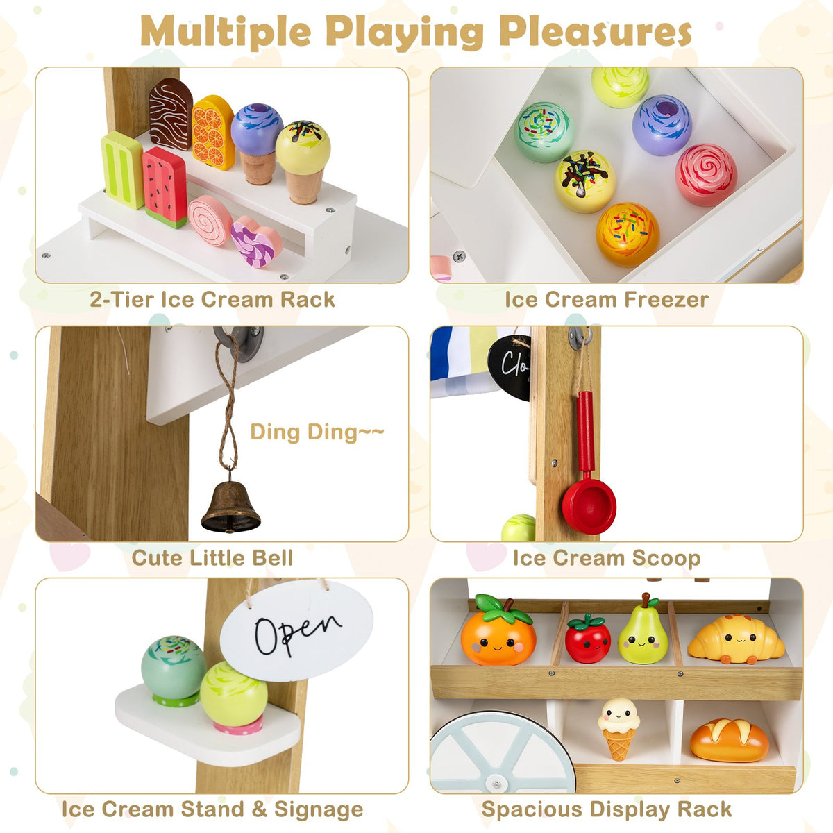Wooden Ice Cream Cart for Kids 2-in-1 Grocery Store Playset with Display Shelves-White view 9