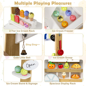 Wooden Ice Cream Cart for Kids 2-in-1 Grocery Store Playset with Display Shelves-White view 9