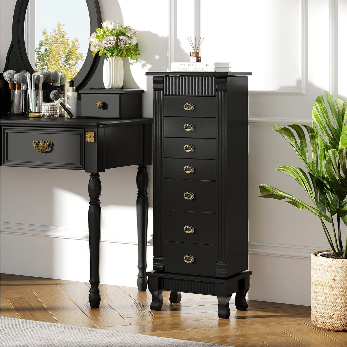 Wooden Jewelry Armoire Cabinet Storage Chest with Drawers and Swing Doors-Black view 3