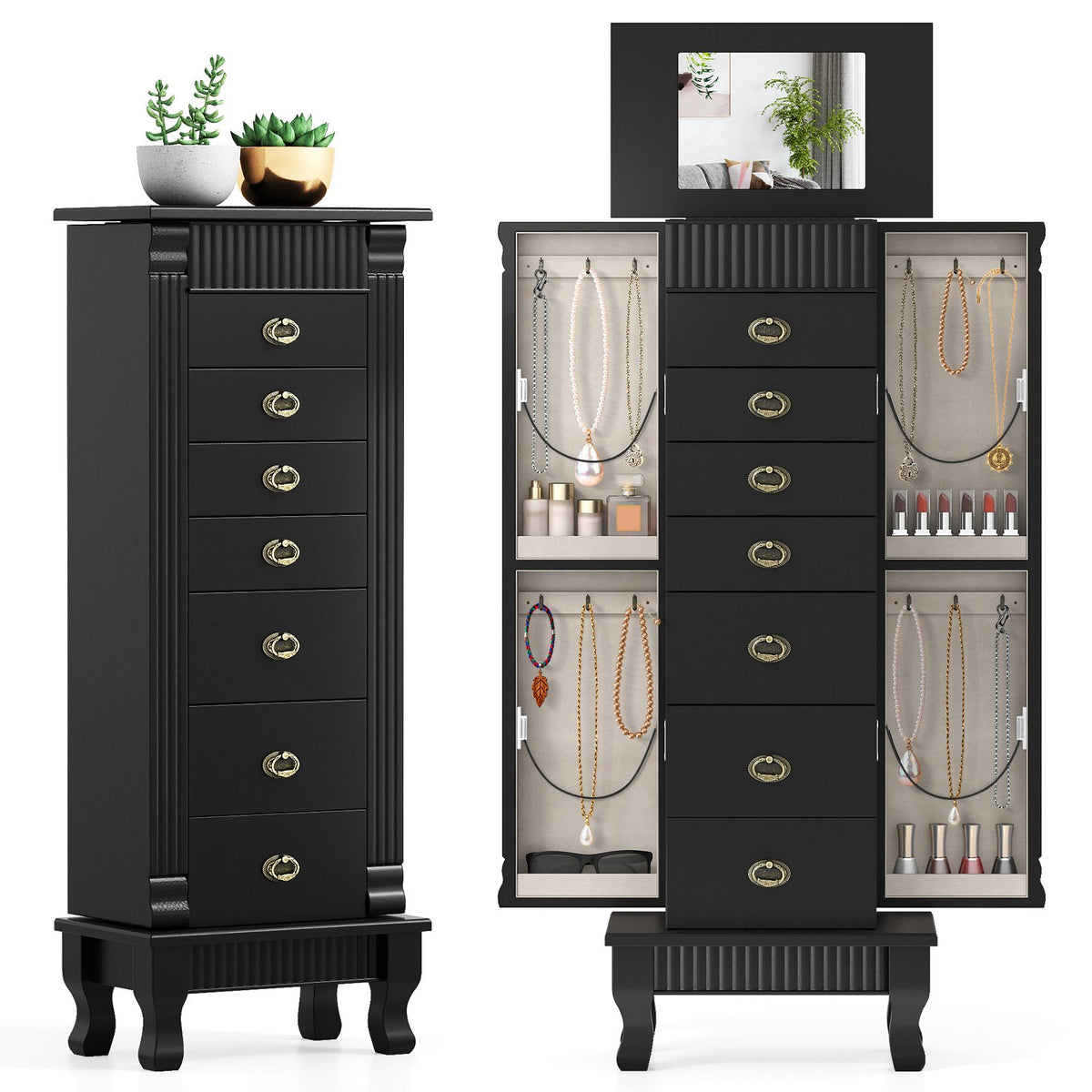 Wooden Jewelry Armoire Cabinet Storage Chest with Drawers and Swing Doors-Black view 4
