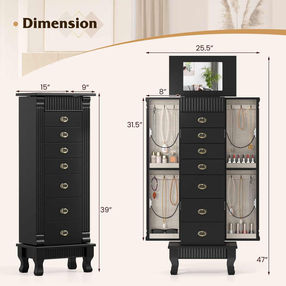 Wooden Jewelry Armoire Cabinet Storage Chest with Drawers and Swing Doors-Black view 5