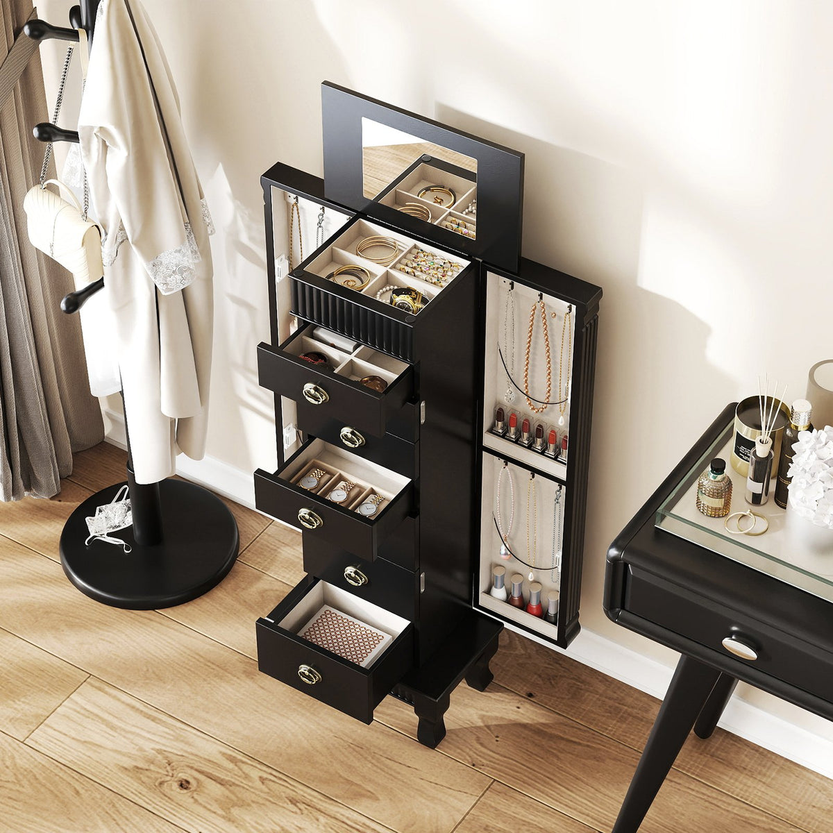 Wooden Jewelry Armoire Cabinet Storage Chest with Drawers and Swing Doors-Black view 6