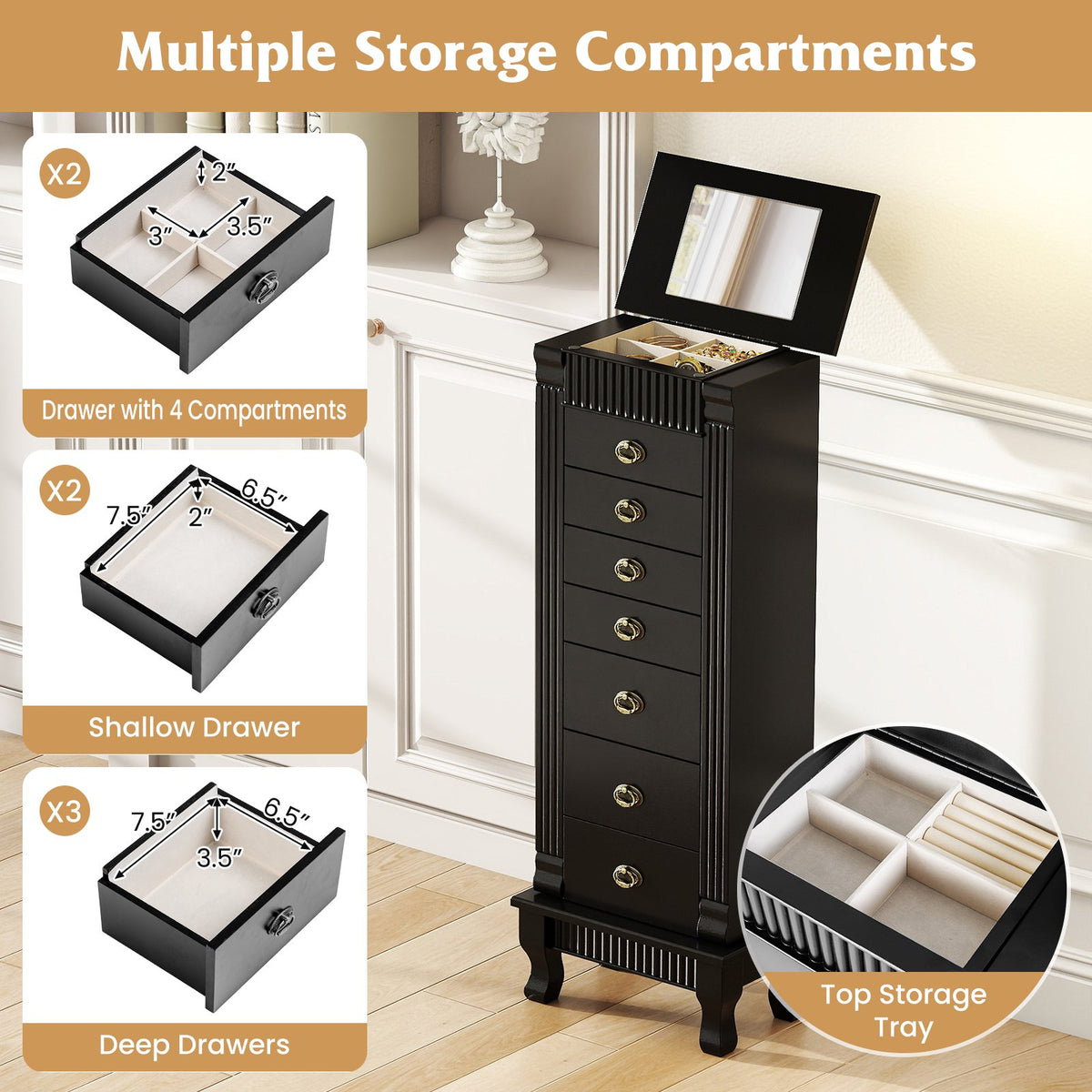 Wooden Jewelry Armoire Cabinet Storage Chest with Drawers and Swing Doors-Black view 8