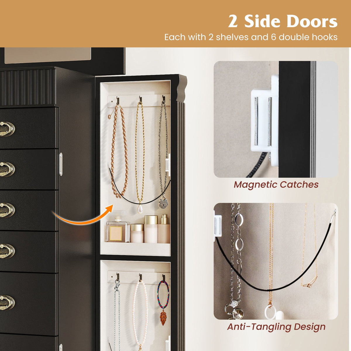 Wooden Jewelry Armoire Cabinet Storage Chest with Drawers and Swing Doors-Black view 9