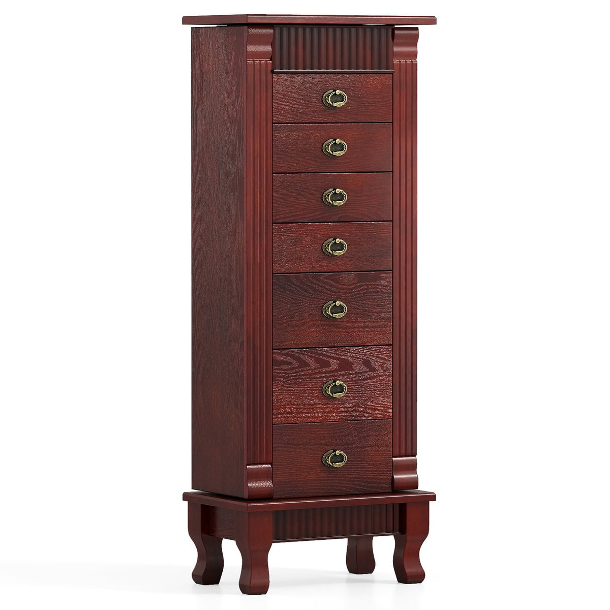 Wooden Jewelry Armoire Cabinet Storage Chest with Drawers and Swing Doors-Brown