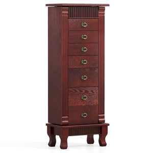 Wooden Jewelry Armoire Cabinet Storage Chest with Drawers and Swing Doors-Brown