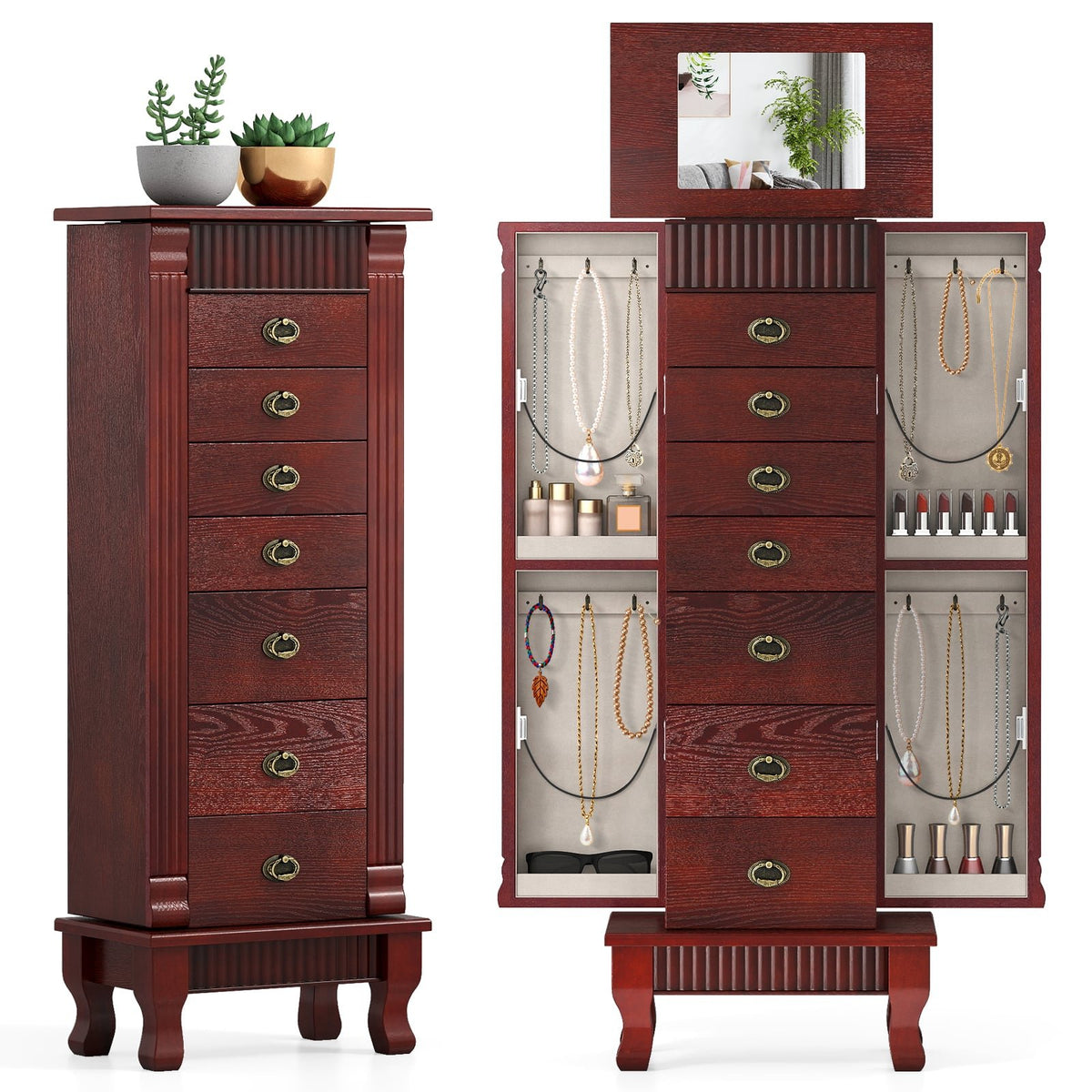 Wooden Jewelry Armoire Cabinet Storage Chest with Drawers and Swing Doors-Brown view 4