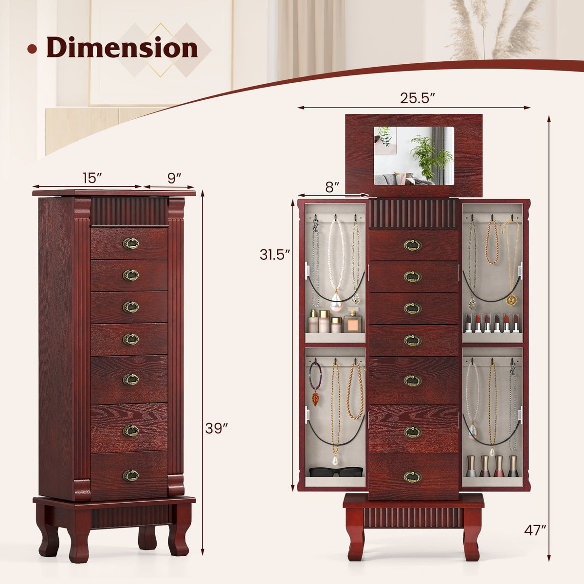 Wooden Jewelry Armoire Cabinet Storage Chest with Drawers and Swing Doors-Brown view 5